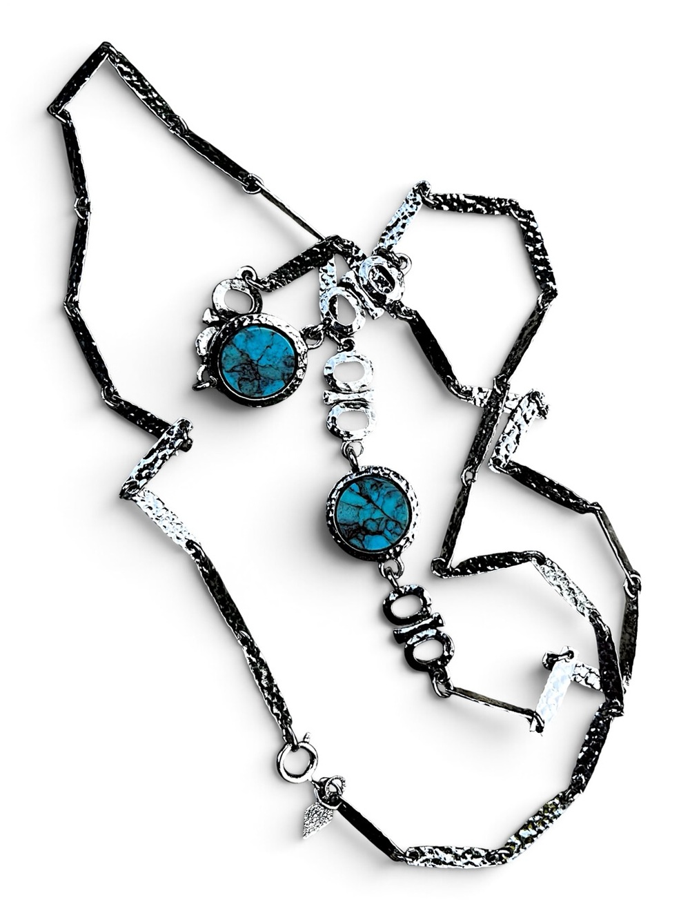 Vintage 1977 Sarah Coventry Silvery Moon Turquoise Station Necklace 30”